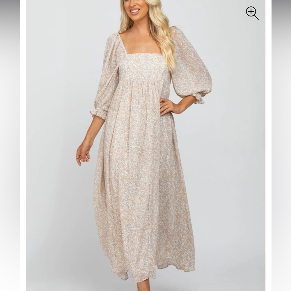 Pink Blush Beige Chiffon Printed Square Neck Empire Maxi Dress